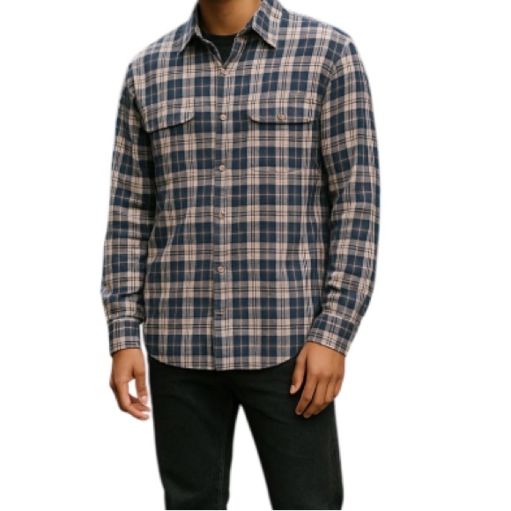 WIND RIVER Mens Plaid Brushed Cotton Snap Shirt Blues Greys Classic Fit Size XL